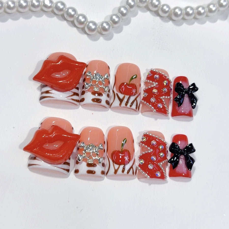 Retro Pin-Up Series: "Cherry Kiss" – Short Square Handmade Press-on Nails