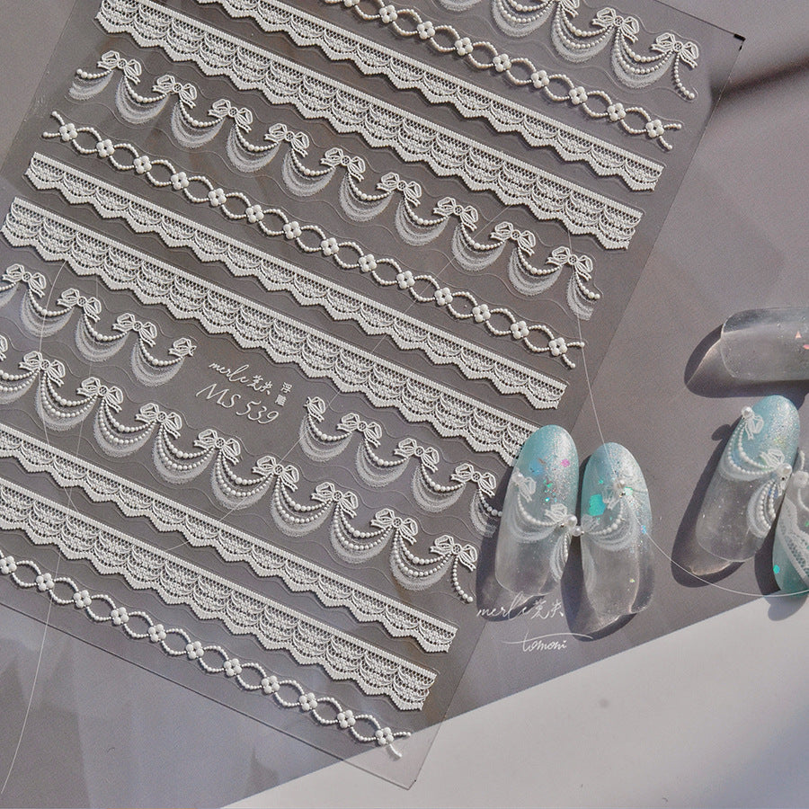 Elegant Lace Ribbon Collection: "White Lace" – 3D Embossed Nail Sticker