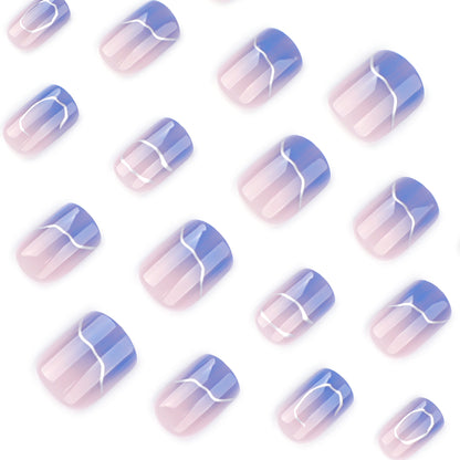 hot-selling short square nail manicure blue gradual change wearing  silver irregular stripe wearing nail｜365nails