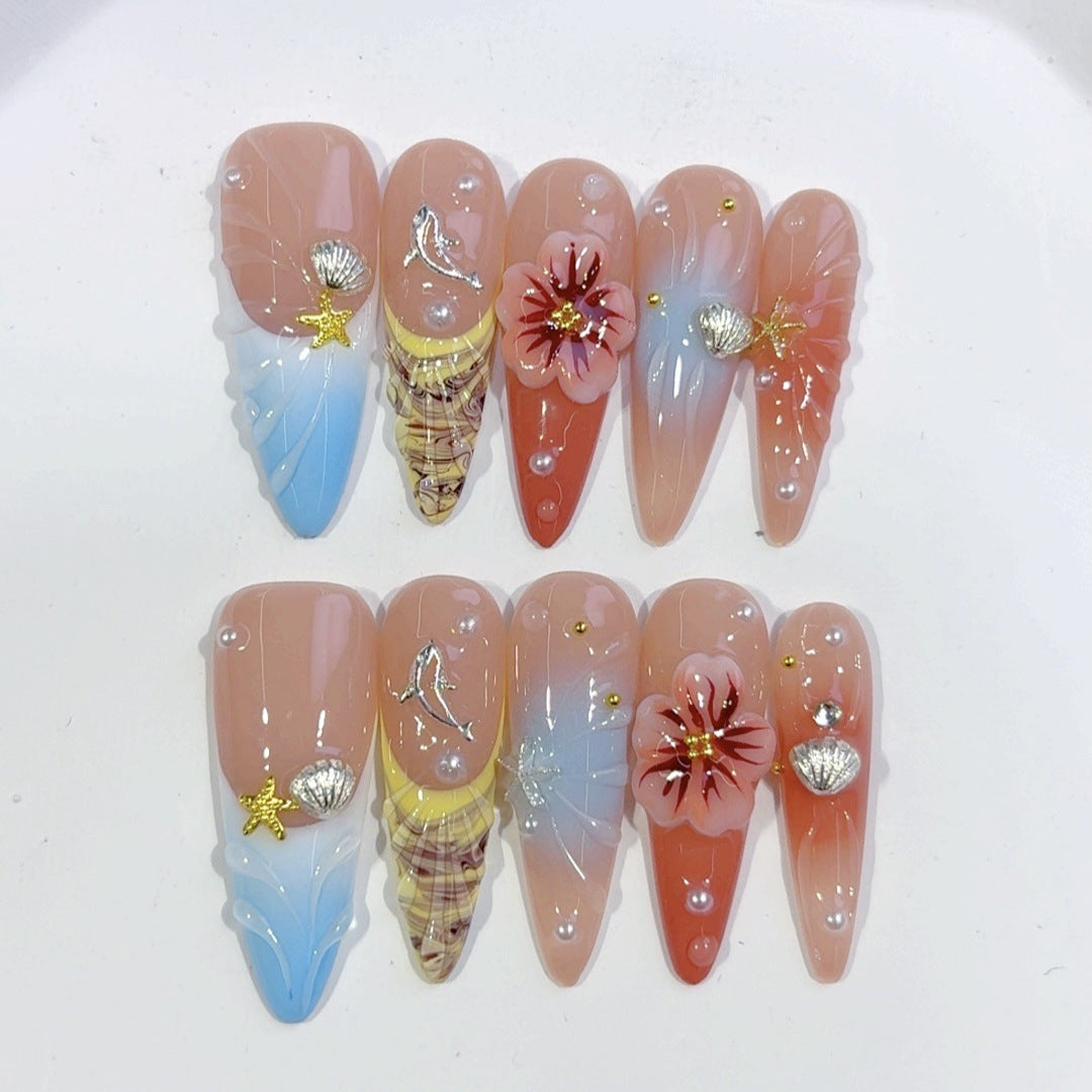 Coastal Bloom: "Seashell & Flower" – Long Almond Handmade Press On Nails