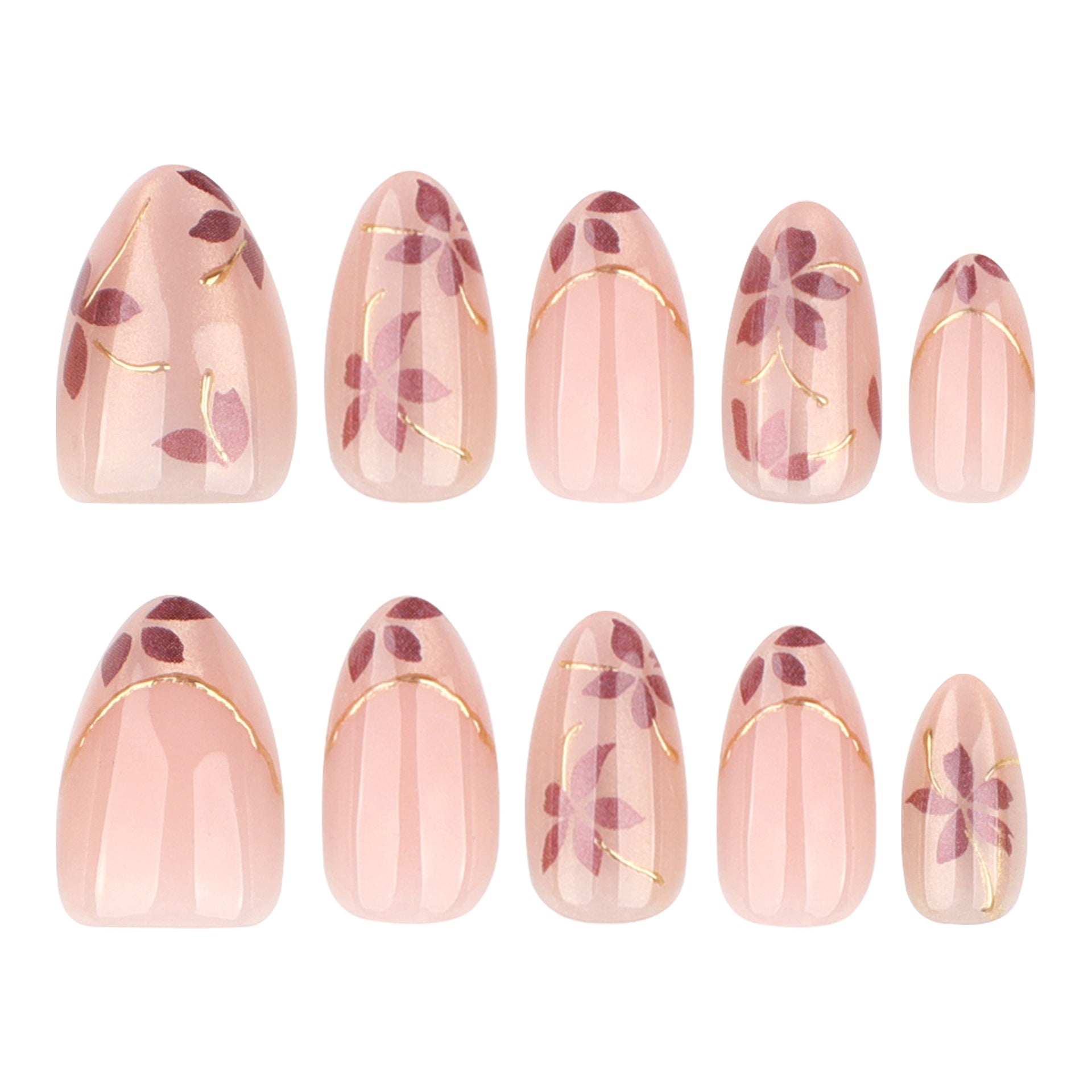 365nails: "Rose Gold Floral Almond" – Nude Press-on Nails with Gold Accents