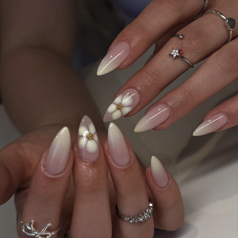 Simple white fresh flower almond press-on nails