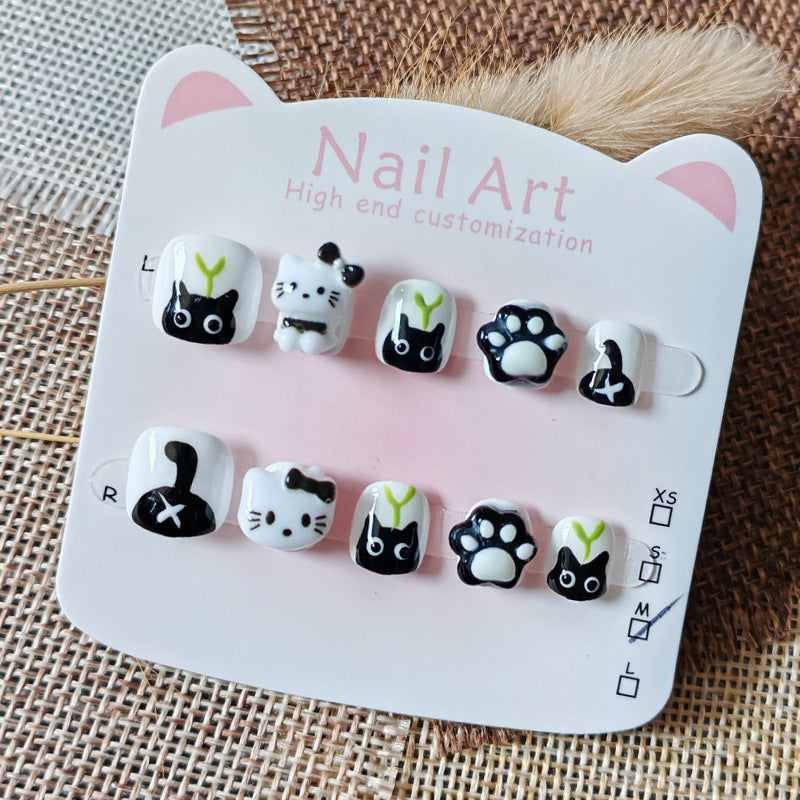 365nails: "monochrome mischievous kitty" – short wide handmade kids press-on nails