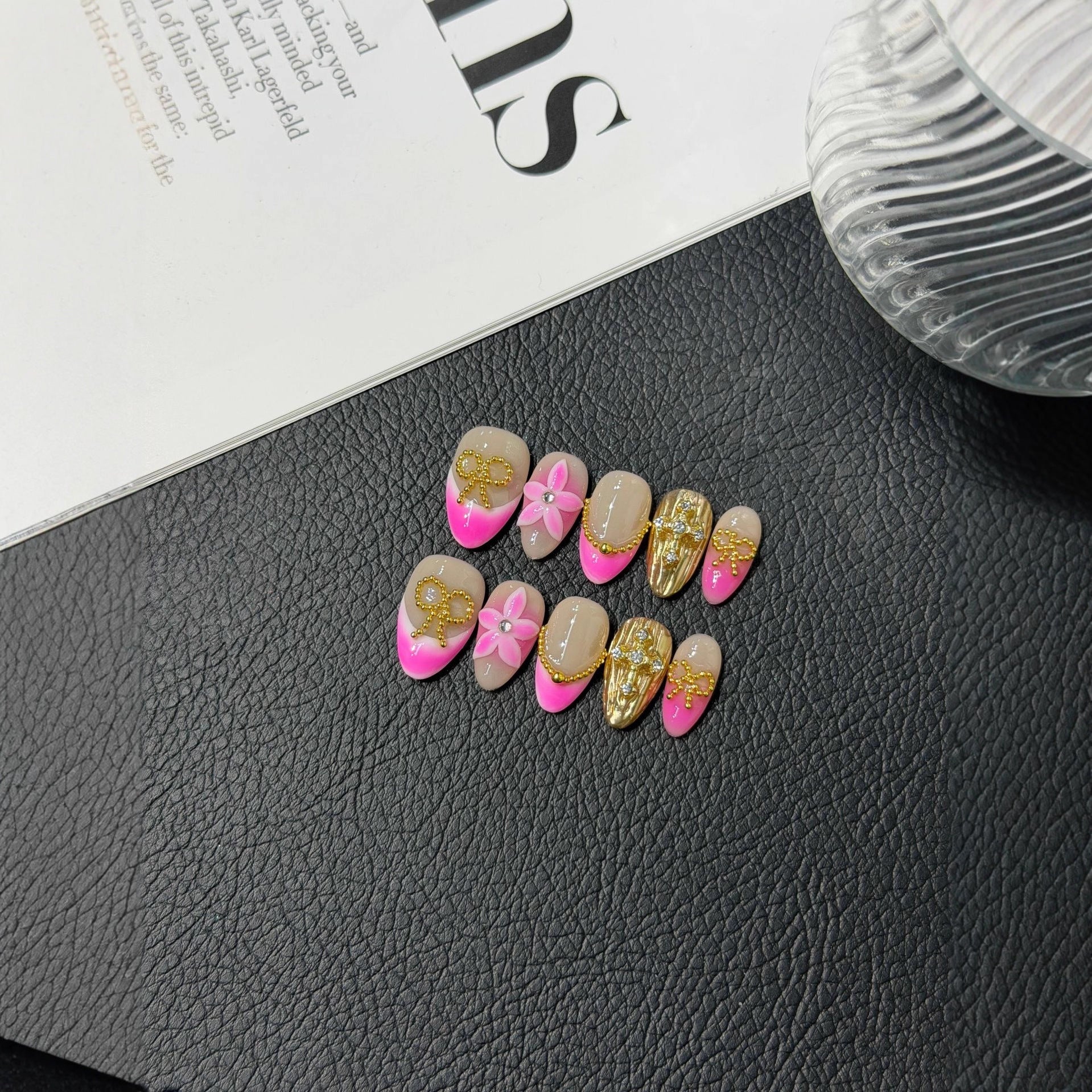 365nails: "Golden Bloom" – 3D Floral & Glitter Handmade Almond Nails