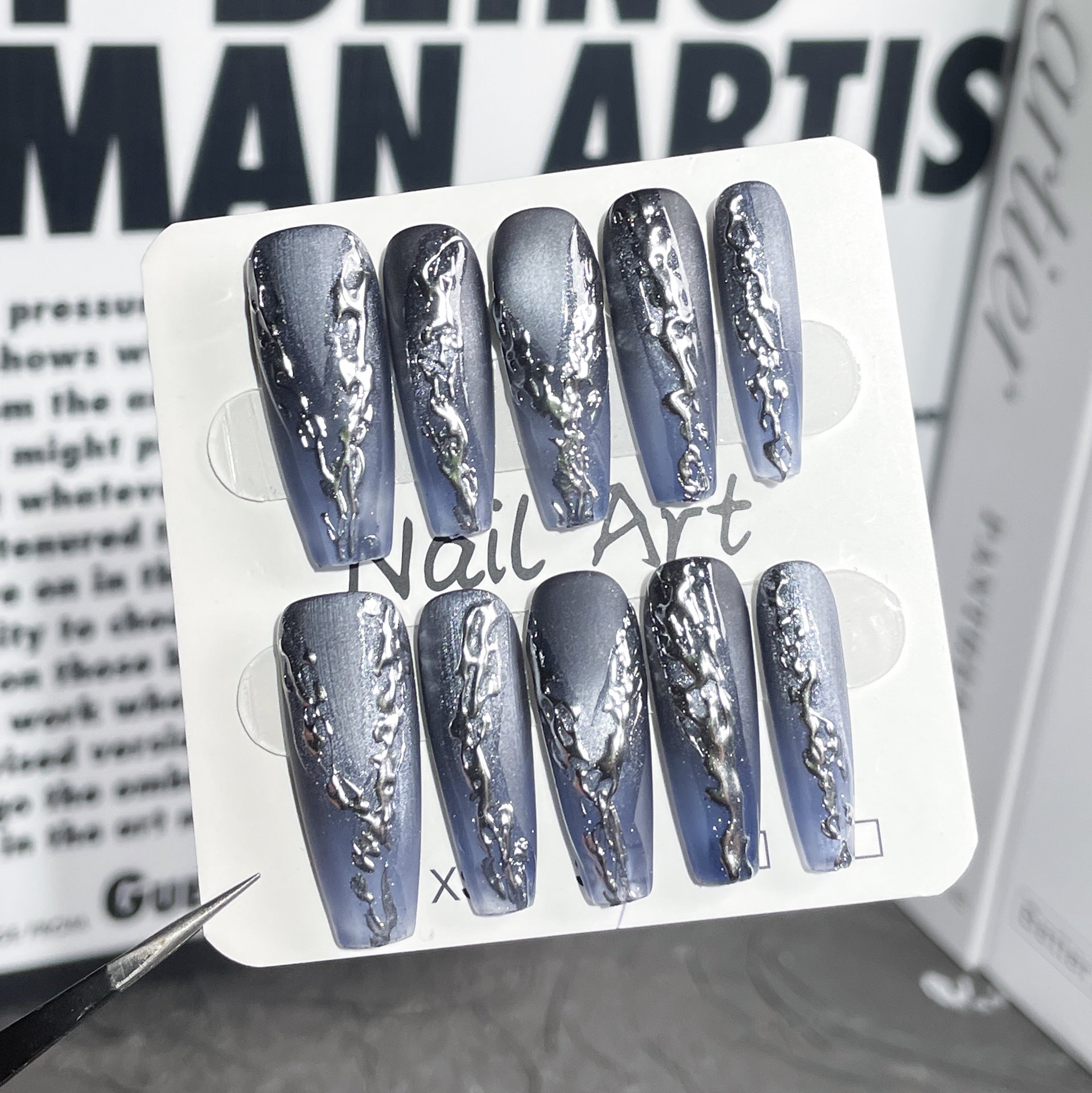 Midnight Chrome Wave Long Nail Set