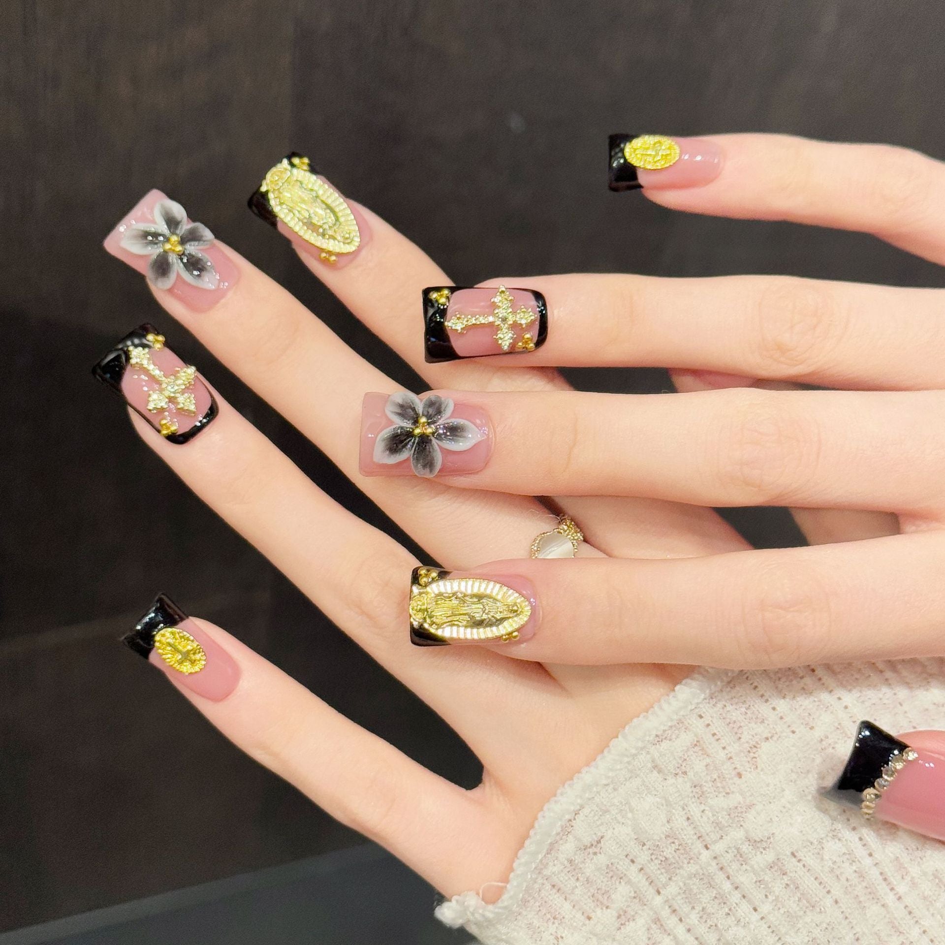 365nails: "Sacred Gold" – 3D Cross & Baroque Handmade Press on Nails Short Square Nails