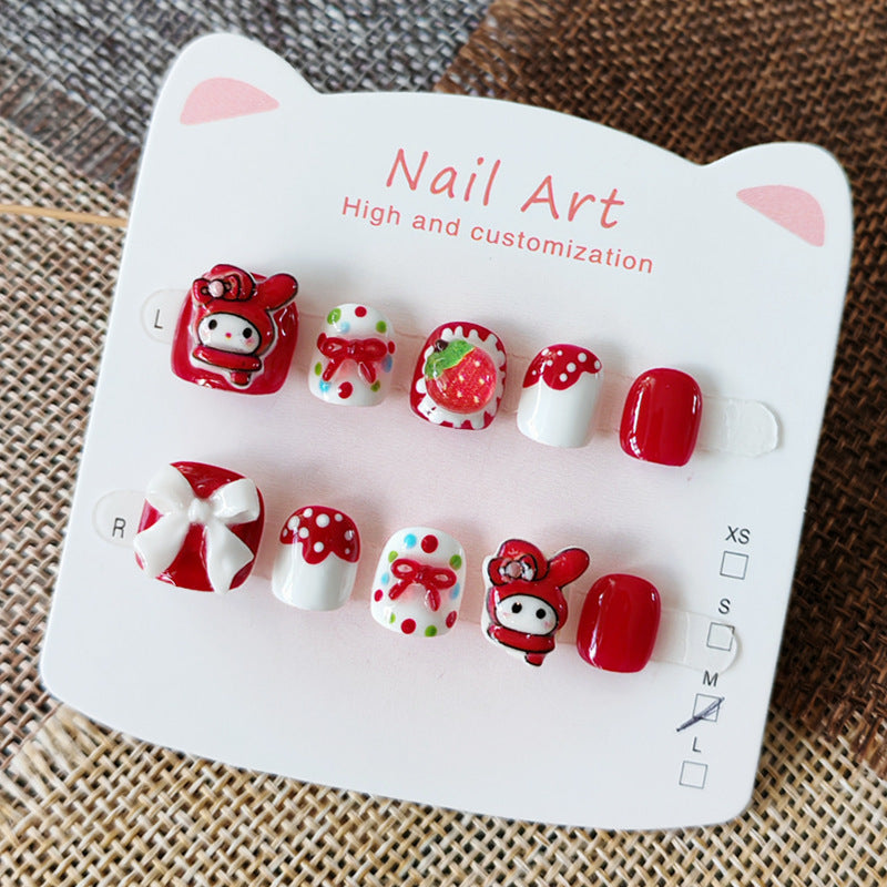 365Nails: "Strawberry Melody Fest" – Handmade Cute Short Square Press On Nails With My Melody & Strawberry Design