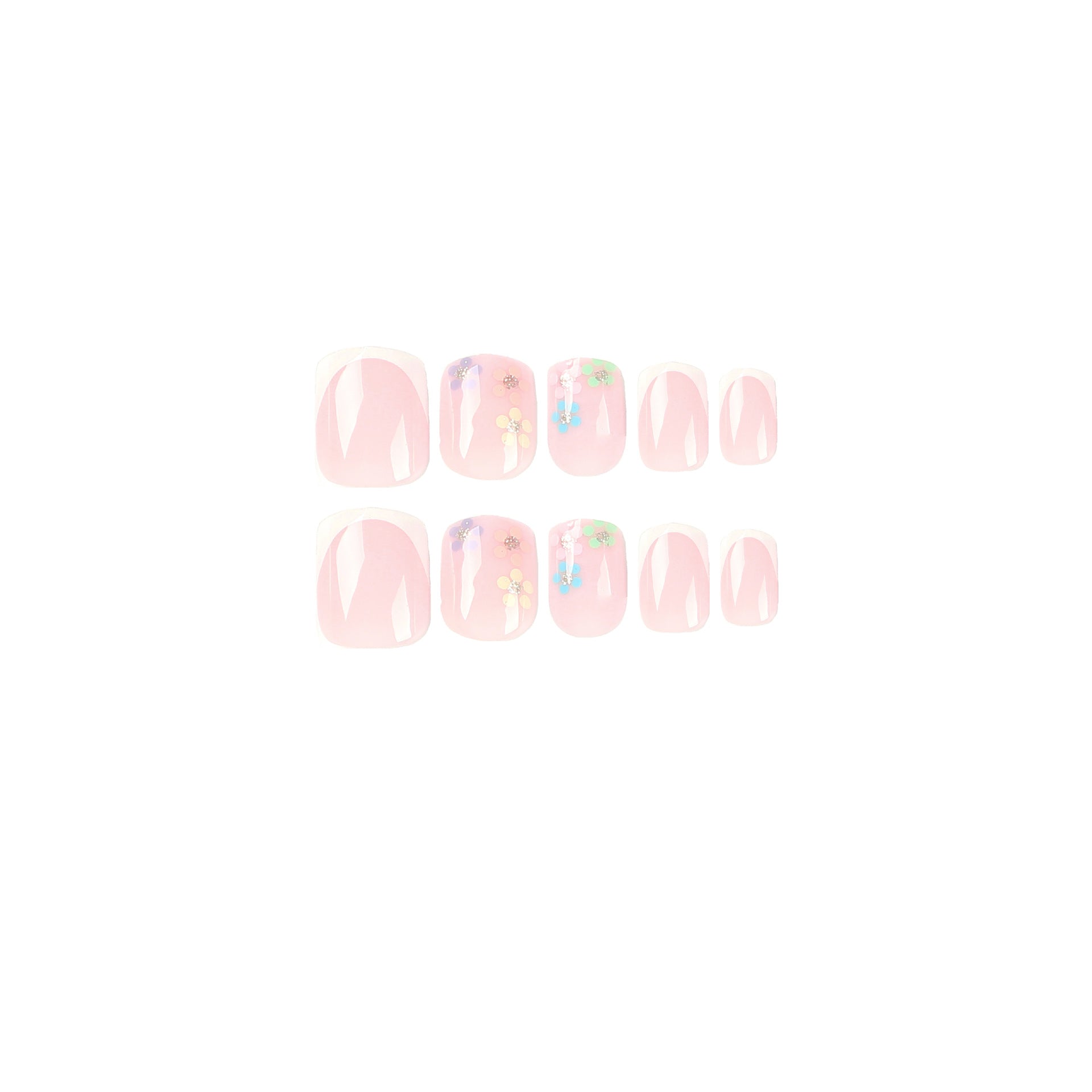 Press on nails short white French nails piece finished multi-colored flower gold glitter nails art press on nails｜365nails