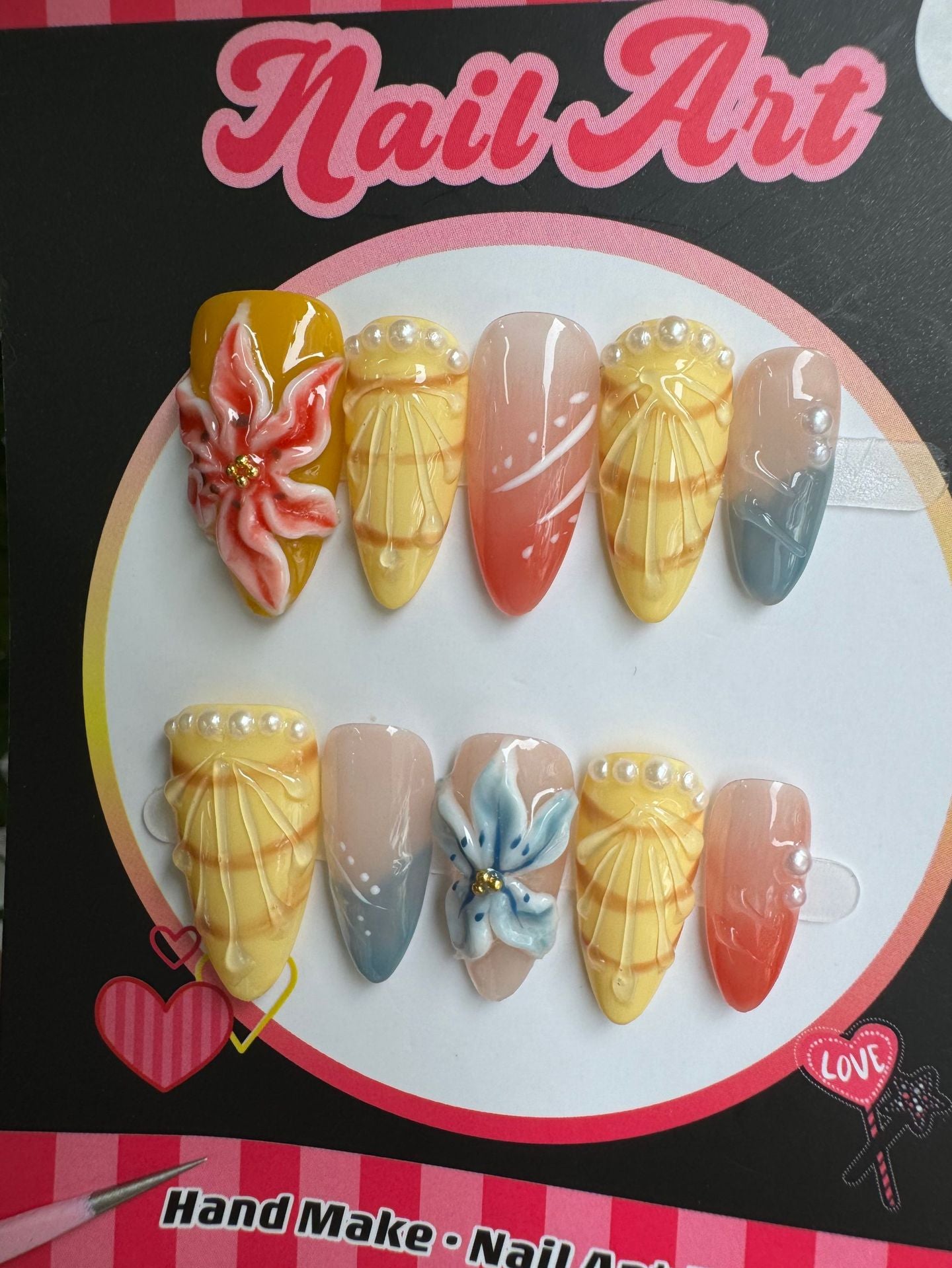 365nails: "Summer Breeze" – ongles press-on forme amande 3D, motifs floraux, faits main