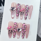 Uñas postizas hechas a mano con estampado de leopardo rosa, diseño de gato, dibujos animados, lazo para niña dulce | 365nails