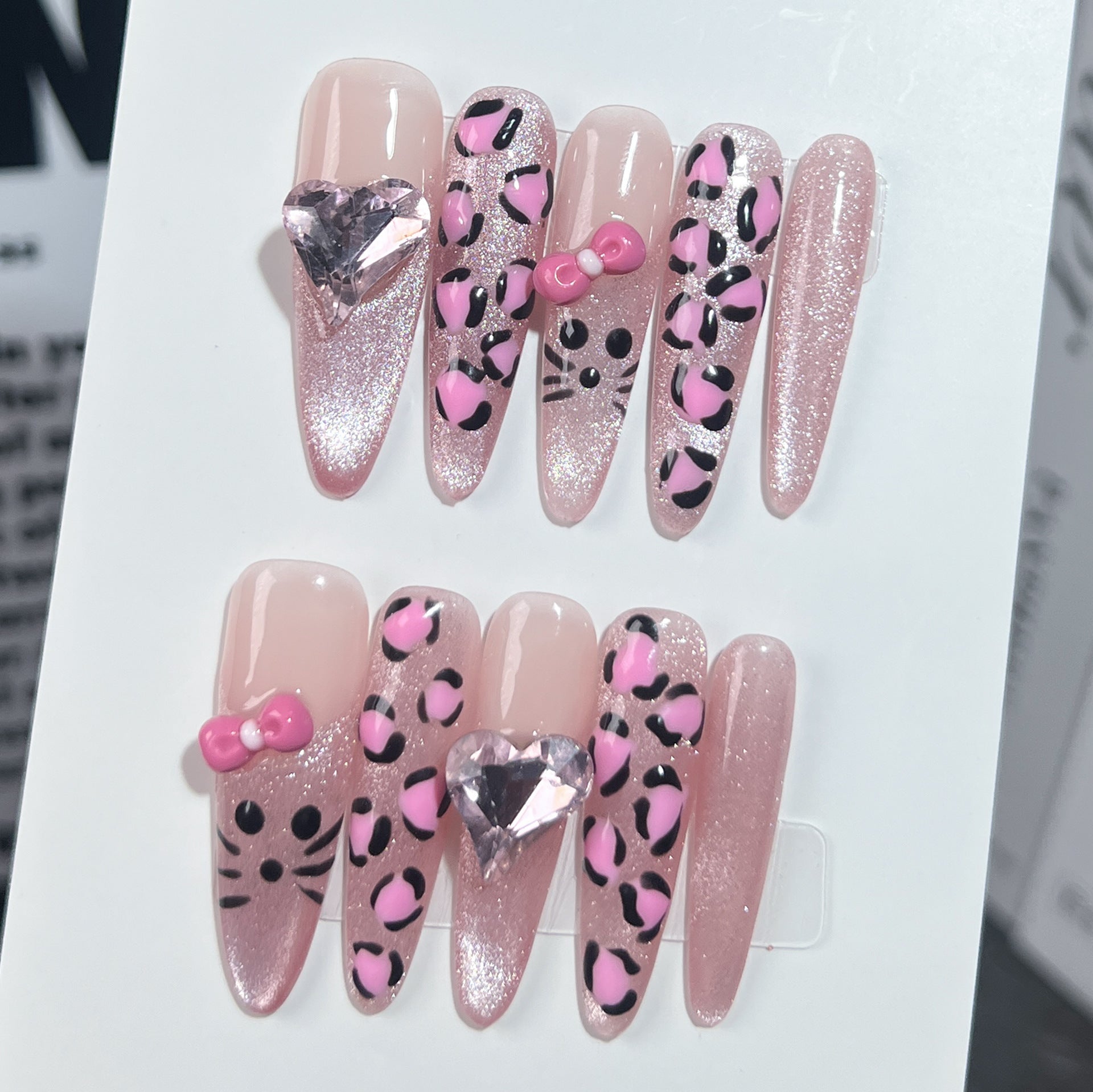 Uñas postizas hechas a mano con estampado de leopardo rosa, diseño de gato, dibujos animados, lazo para niña dulce | 365nails