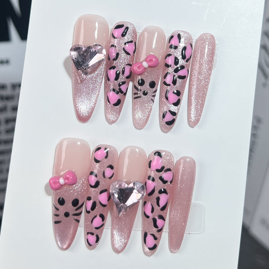 Handmade Press-on Nails Pink Leopard Print Cat Creative Cute Cartoon Sweet Girl Bow Nail Art｜365nails