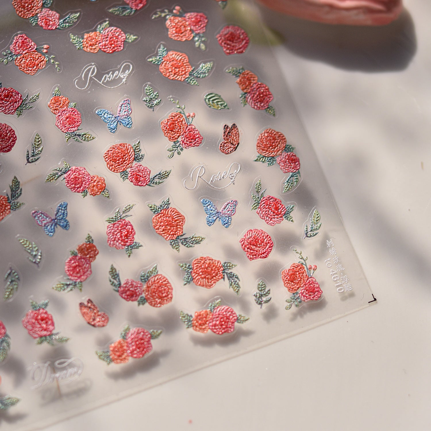 Blush Rose & Butterfly Nail Stickers – 5D Embossed Romantic Garden Set