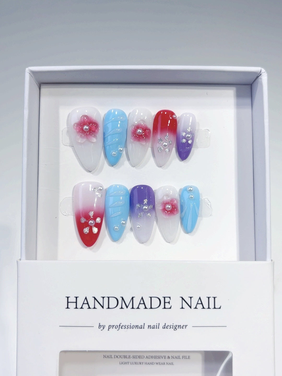 365nails: "Colorful Floral Gradient" – Medium Almond Multicolor Floral Handmade Press-On Nails