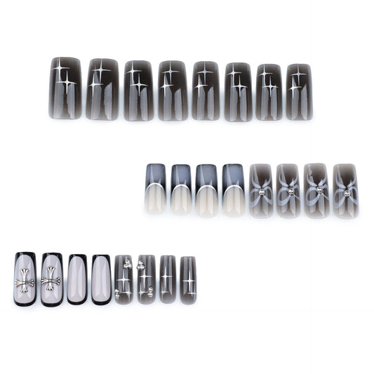 hot-selling square press-on nails French black smudge nail cross nail piece star bow fake nail｜365nails