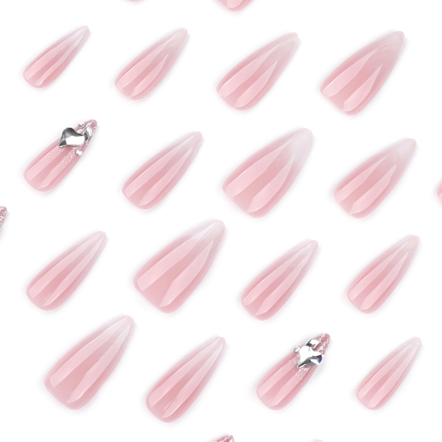 Pink Ombre Stiletto Press On Nails with Silver Rhinestone Charms