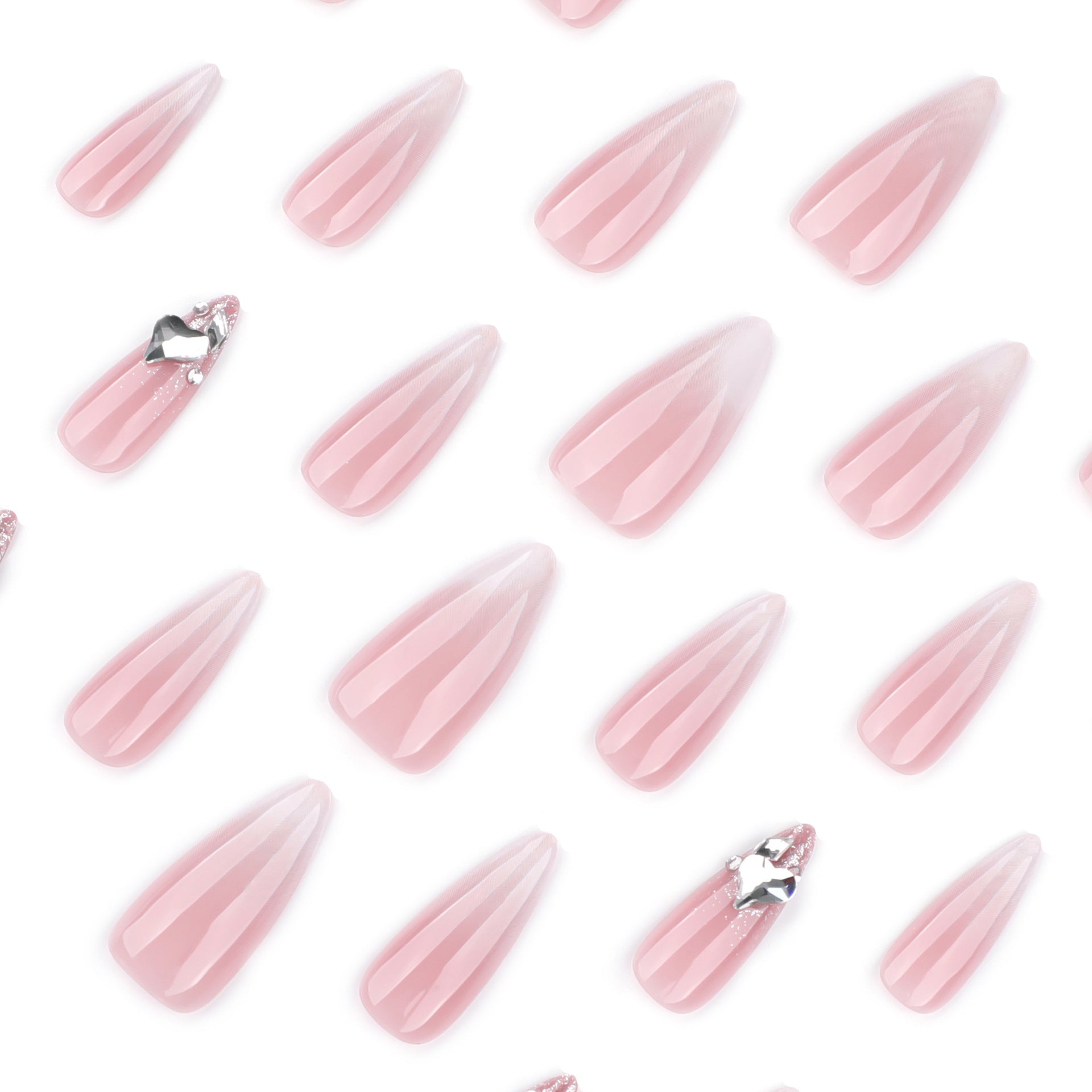 Pink Ombre Stiletto Press On Nails with Silver Rhinestone Charms