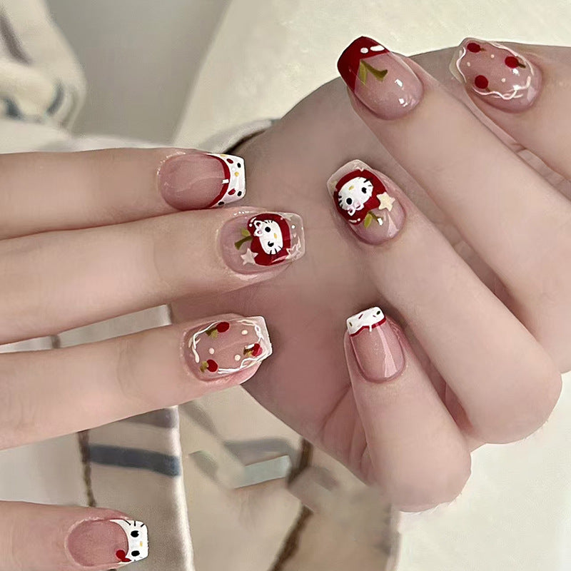Desenhos animados de bolinhas francesas, estrelas, fofas, moda feminina, versátil, destacável, arte de unha vestível, 24 peças ｜ 365 unhas