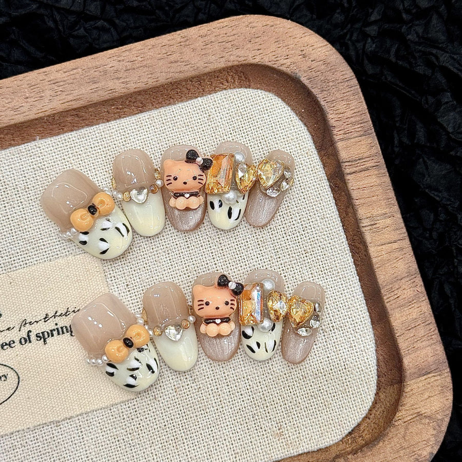 365nails: "Hello Kitty Chic" – 3D Bow & Leopard Print Handmade Square Nails