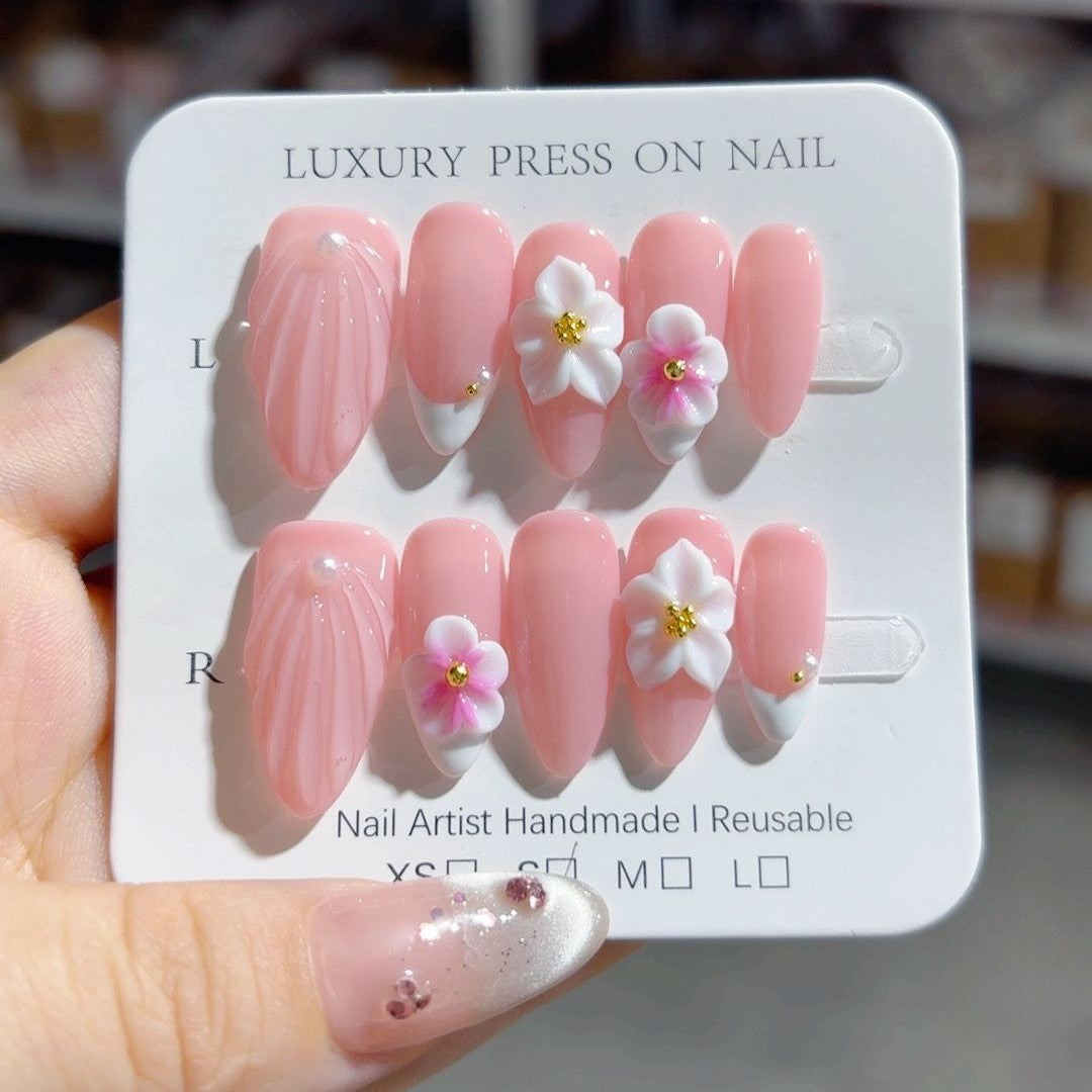 365nails 櫻花夢：「櫻花貝殼」— 杏仁形手工製3D雕刻穿戴甲