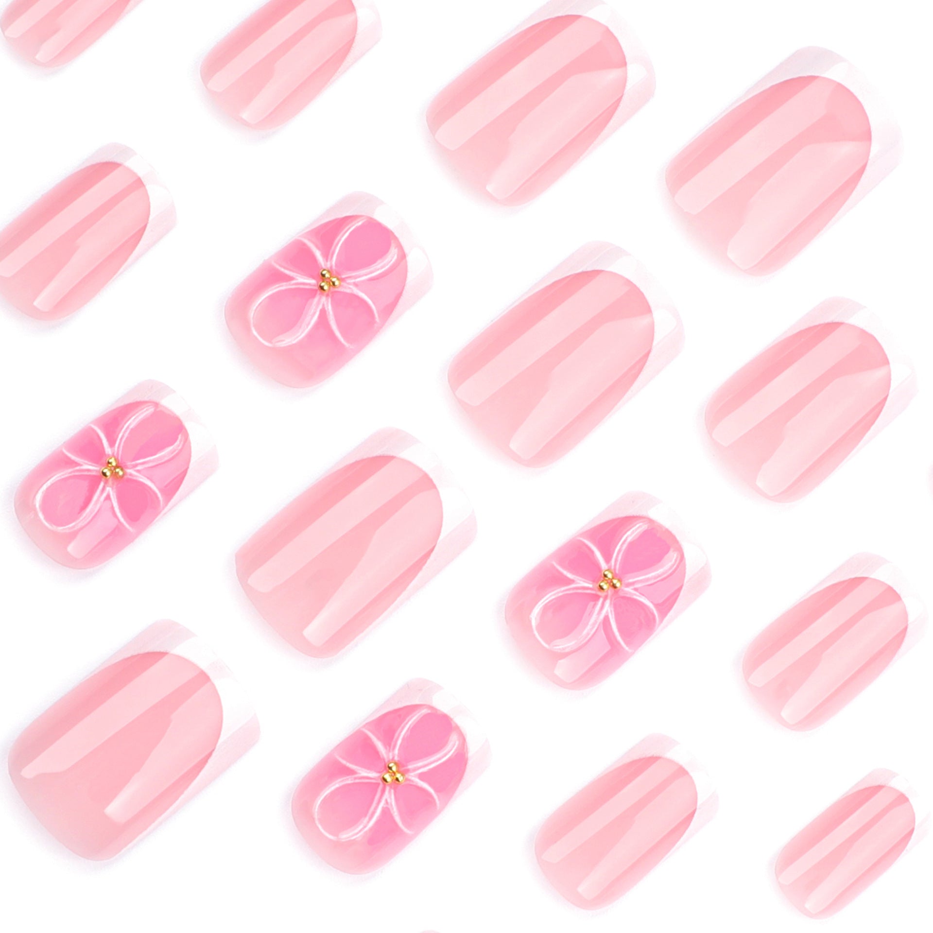 簡約法式白邊 腮紅色3D花朵短款方形穿戴甲片 批發｜365nails