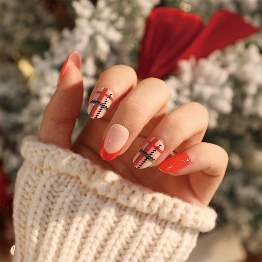 Press onable manicure wholesale Christmas short red and green plaid fake nails piece wholesale removable manicure nails｜365nails