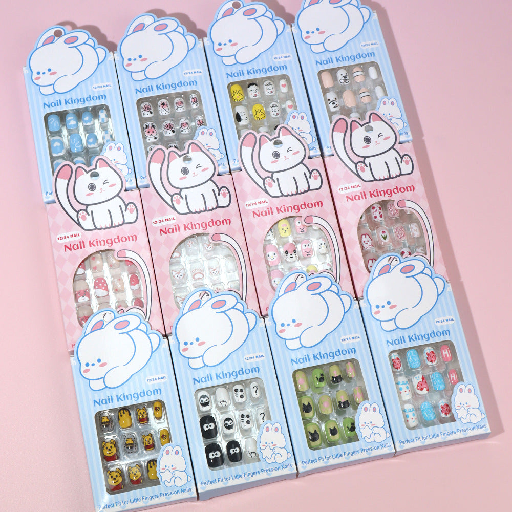 Children press on nails, cartoon 24-piece boxed finished product, sweet and cute children's removable fake nail patch manicure