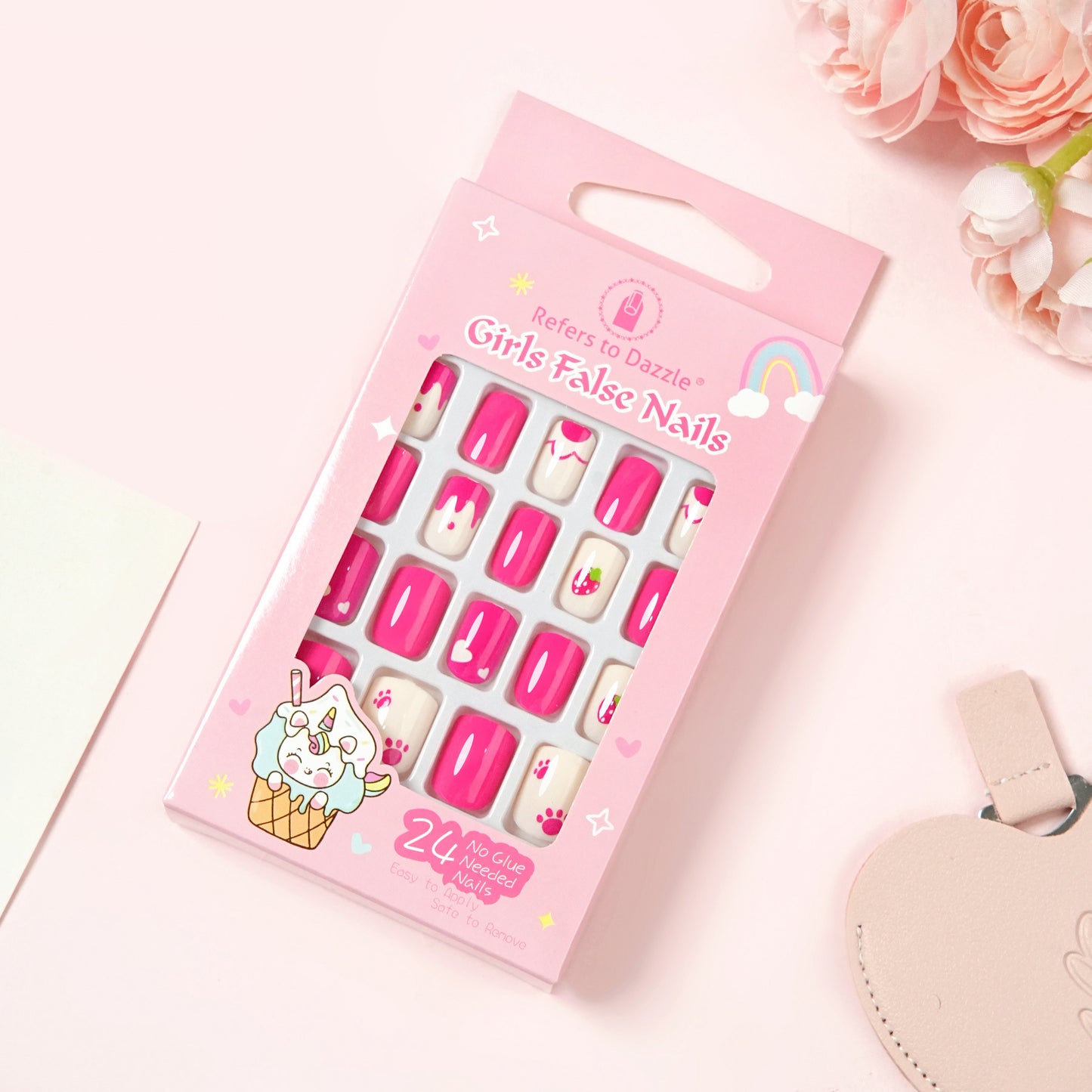 Kids press-on nails 24 short square manicure patches 3-12 years old