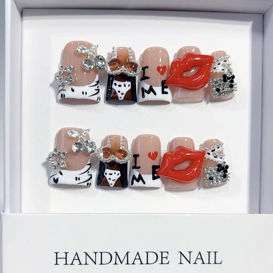 Love & Rock: "I ❤️ ME Lips" – Square Shape Handmade Press-On Nails