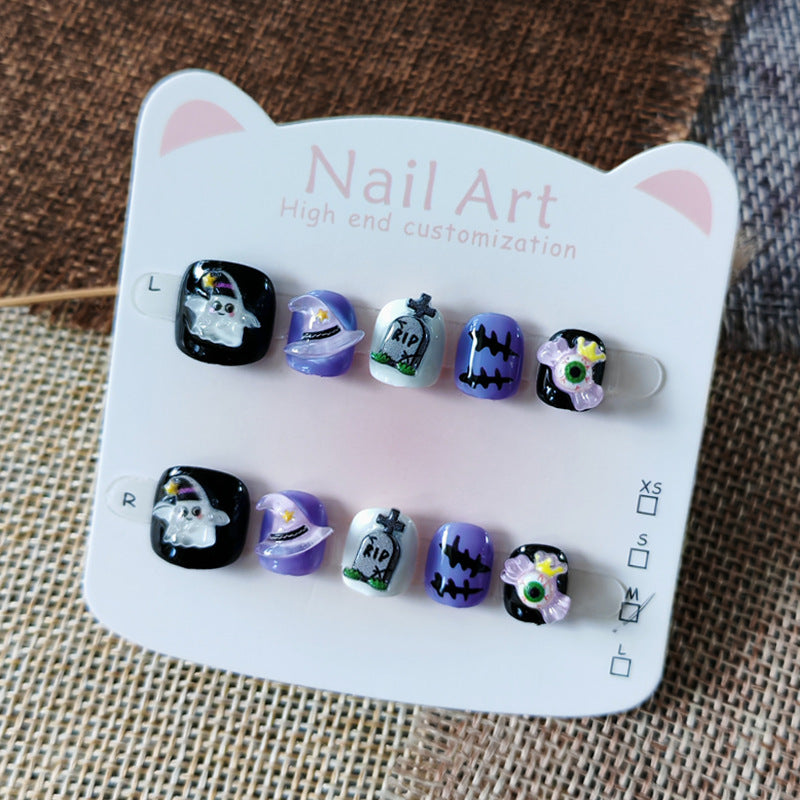 365nails-萬聖節驚奇兒童系列：「墓園幽靈魔法」 – 兒童短款方形穿戴甲