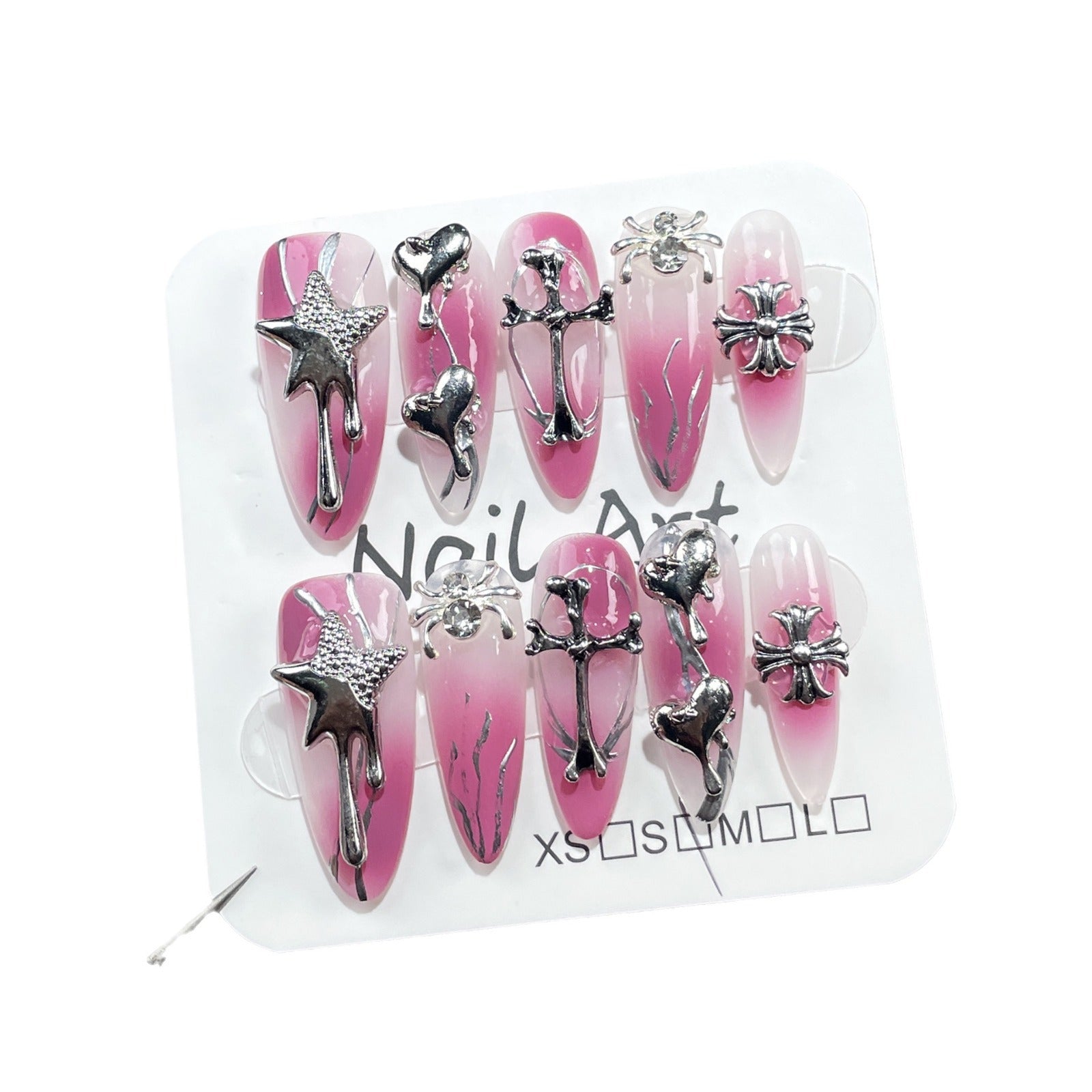 Pink Gradient Nails with Metallic Gothic Charms