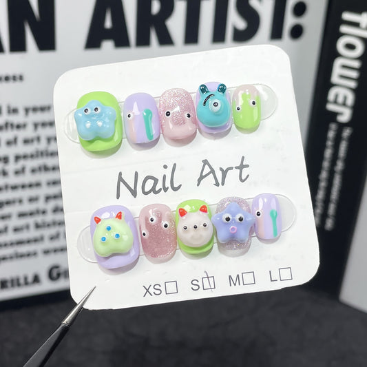 Cartoon hand-painted handmade press-on nails cute three-dimensional big-eyed boy cat eye short  sticker｜365nails