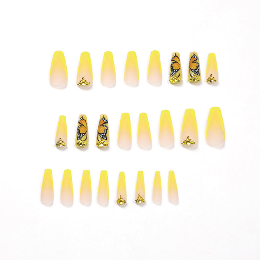 Wearing armor Premium yellow beveled French wearing armor Butterfly rhinestone fake nail piece Wholesale nail piece, wearing armor｜365nails