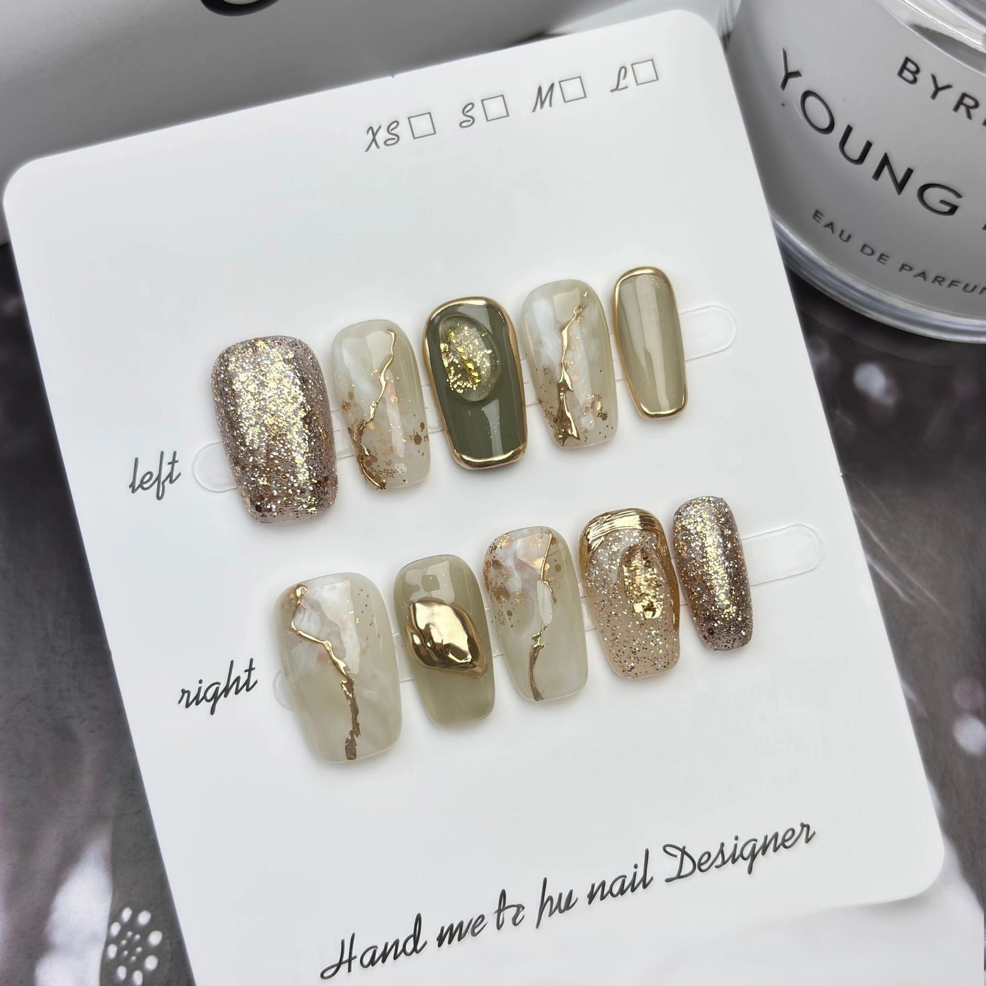 Siri Jade Mewah: "Olive Gold Vein" – Kuku Tekan Buatan Tangan Bentuk Square Sederhana