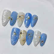 365nails: "Oceanic Bow & Shell" – Medium Almond Blue-White Marine Handmade Press-On Nails