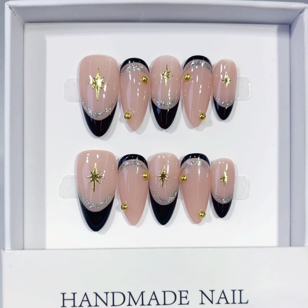 Celestial Noir: "Stellar Black French" – Almond Shape Handmade Press-On Nails