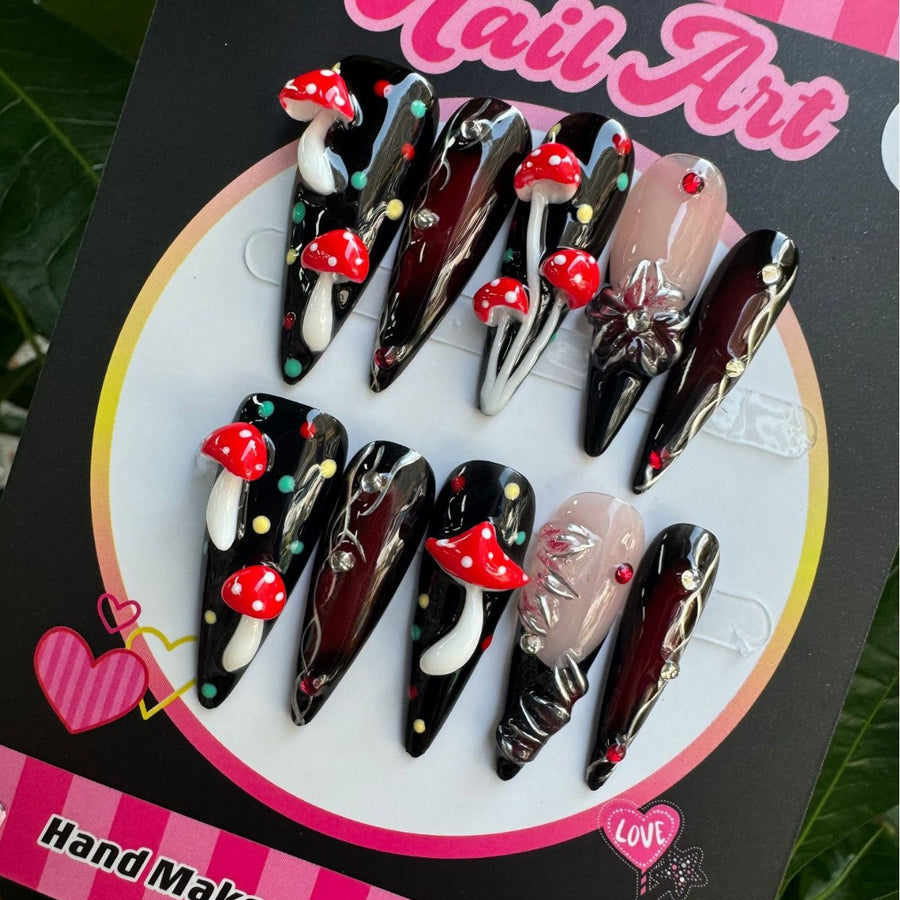 365nails: "Enchanted Forest" – 3D Mushroom & Lace Handmade Long Stiletto Nails