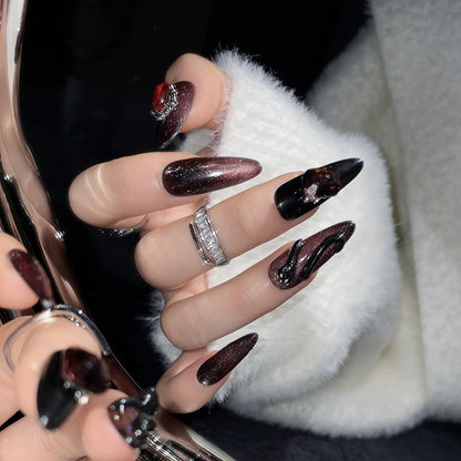 Spice Girls Three-dimensional Snake Pattern fake nails White press-on nails Art Finished Hands Dark Blood Red Spice Girls Nail Art | 365nails