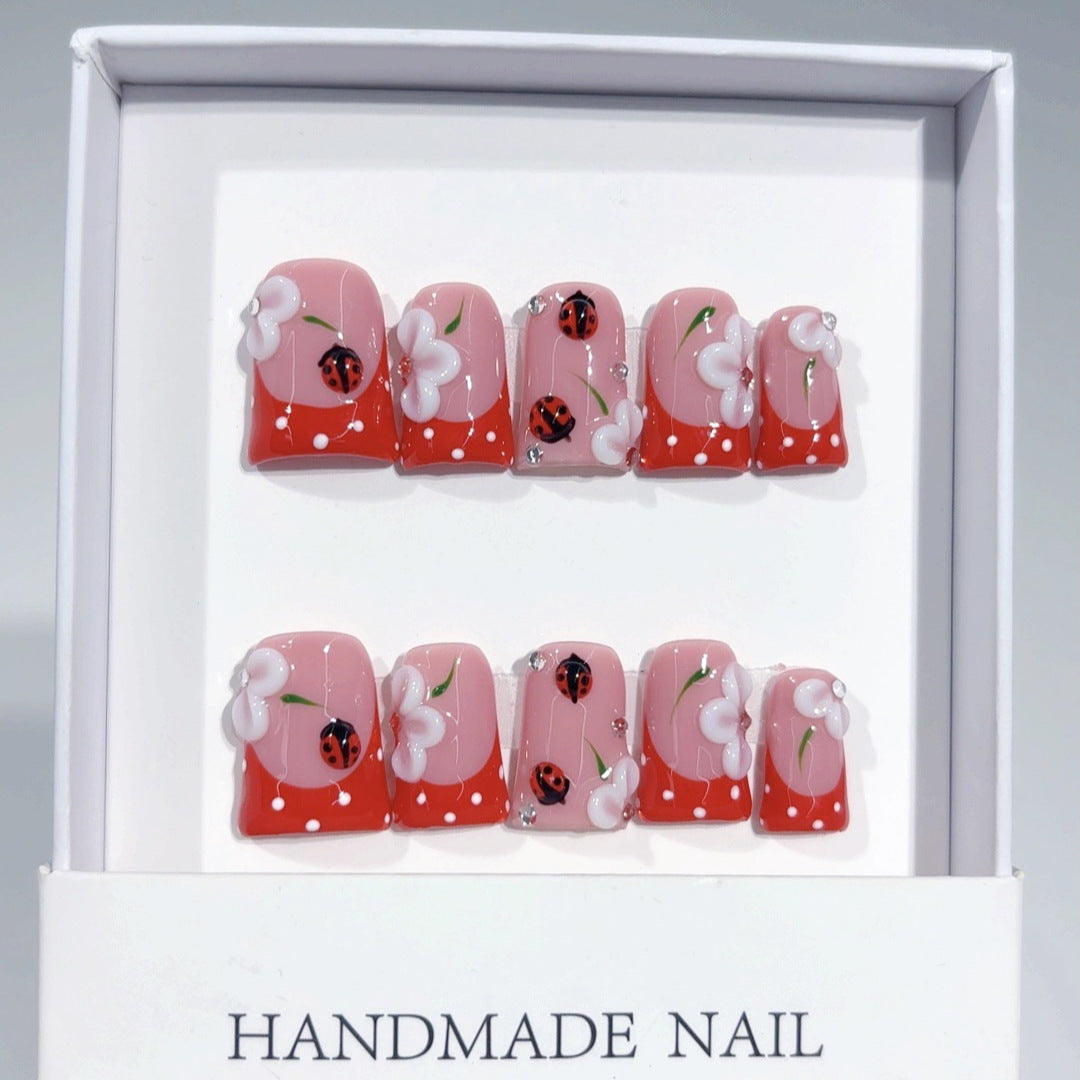 Whimsical Garden: "Ladybug Blossom" – Square Shape Handmade Press-On Nails
