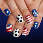Unhas Postiças Copa do Mundo EUA Estrelas e Listras Torcedor de Futebol (Glitter/24pçs/Quadrada Curta)