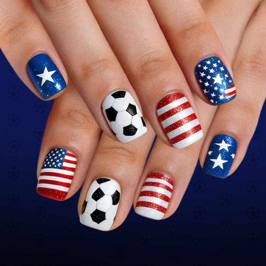 Unhas Postiças Copa do Mundo EUA Estrelas e Listras Torcedor de Futebol (Glitter/24pçs/Quadrada Curta)