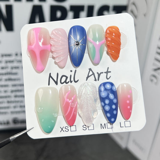 Handmade press on nails Dream Sea Fresh, Elegant and Gentle Cute Wind Long Nail Art Almond Nail｜365nails