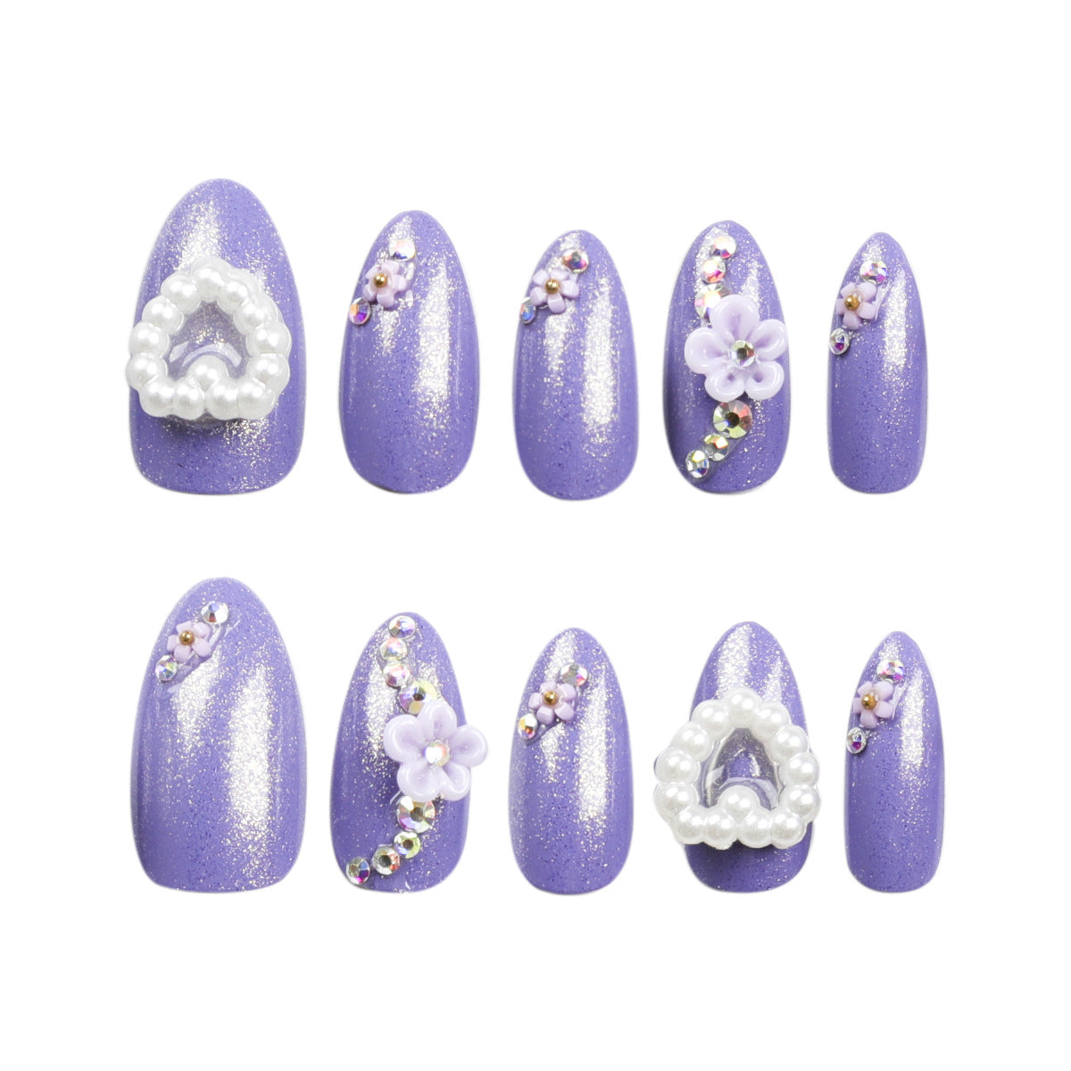 Gypsy purple almond press on nails pearl love nail piece white flower camellia nail piece fake nail wholesale｜365nails