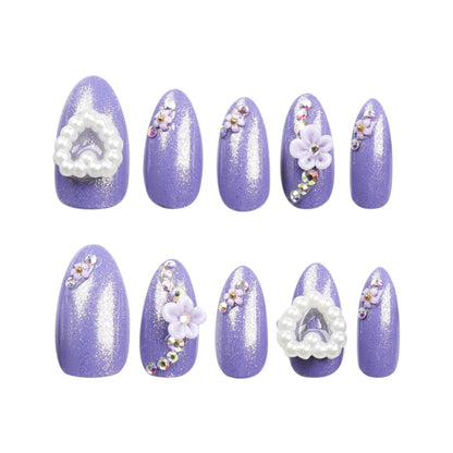Gypsy purple almond press on nails pearl love nail piece white flower camellia nail piece fake nail wholesale｜365nails