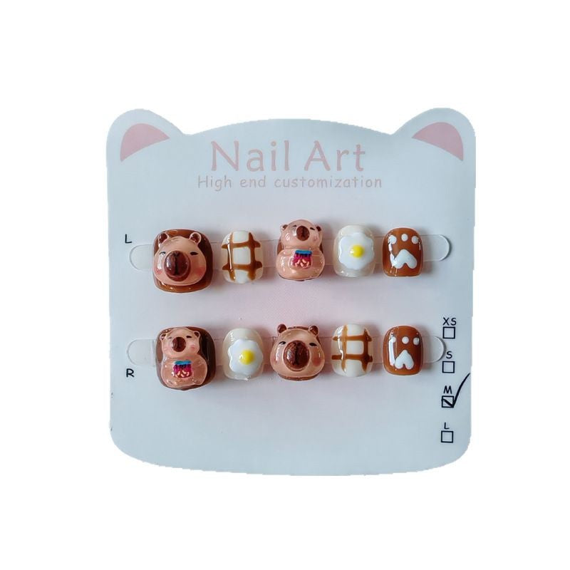 365nails: "caramel capybara breakfast" – short squoval handmade kids press-on nails