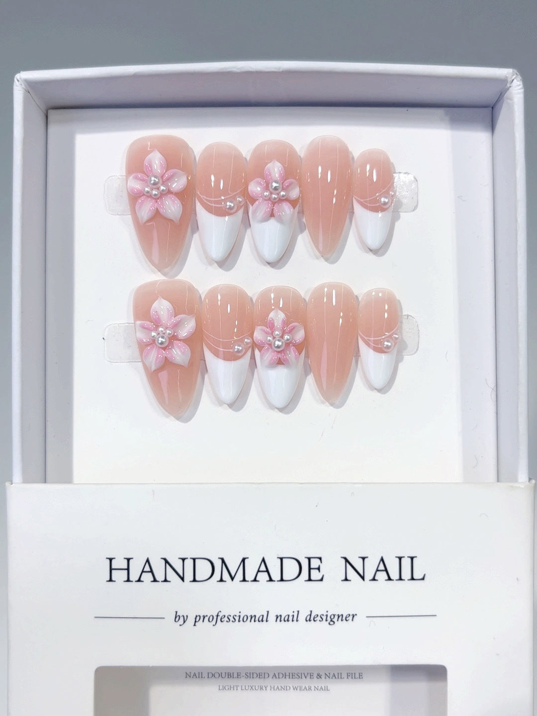 Sakura Pearl French: "Pink Floral" – Almond Press-On Nails