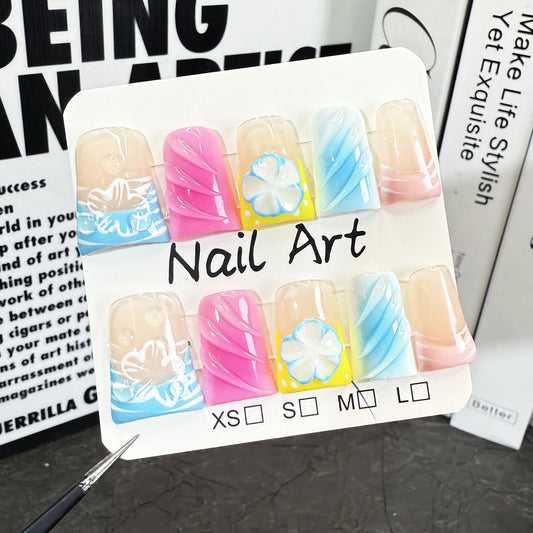Duck bill nail sweet and cute three-dimensional engraved ice-transparent blush nail hand-painted French handmade press on nails｜365nails