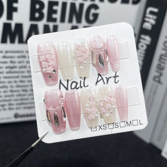 Light Luxury cat eye Handmade Nail Art Three-dimensional Rose Manor Medium and Long Handmade Press-on Nails  Sticker｜365nails
