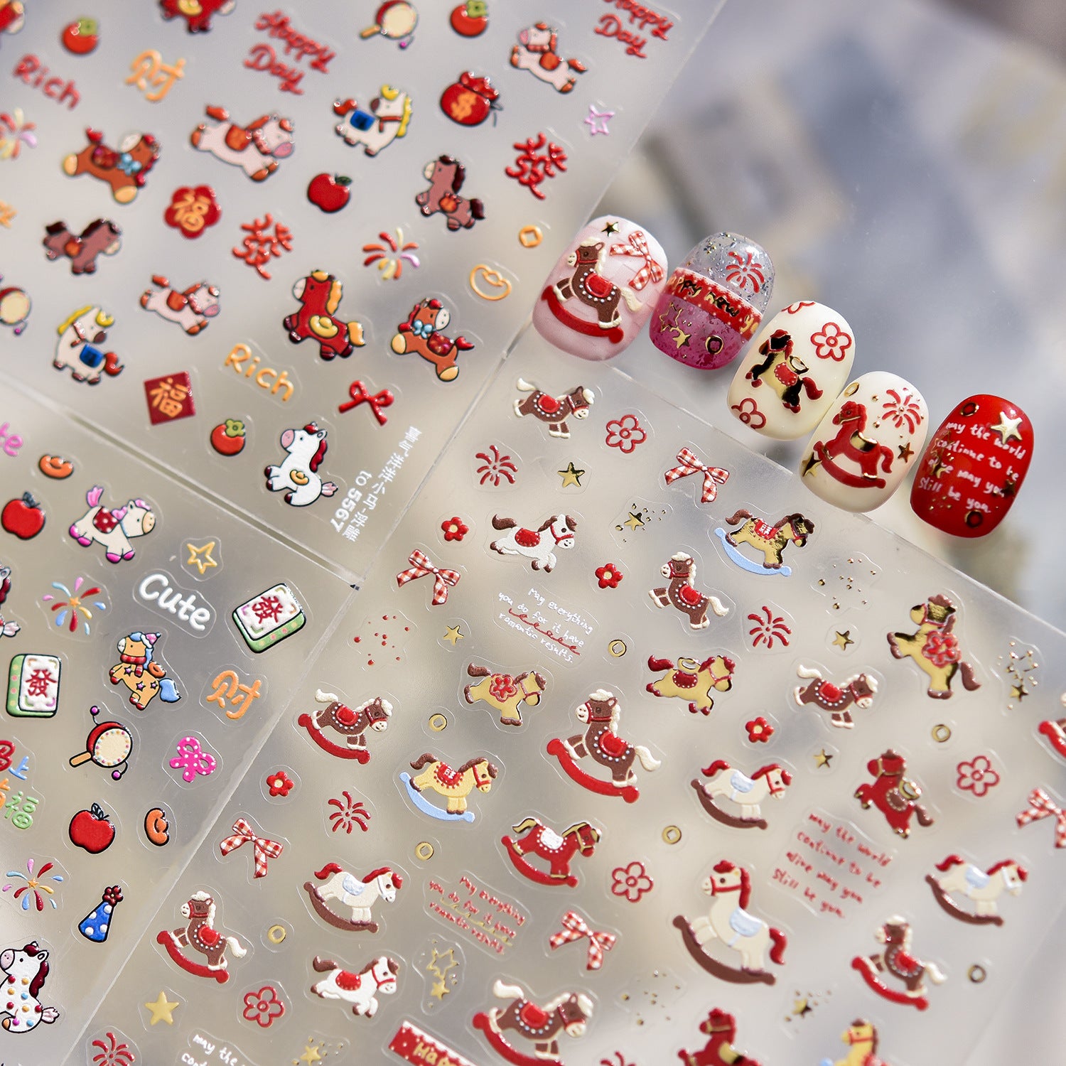 Embossed New Year Nail Stickers – Lucky Cat & Red Packet Set