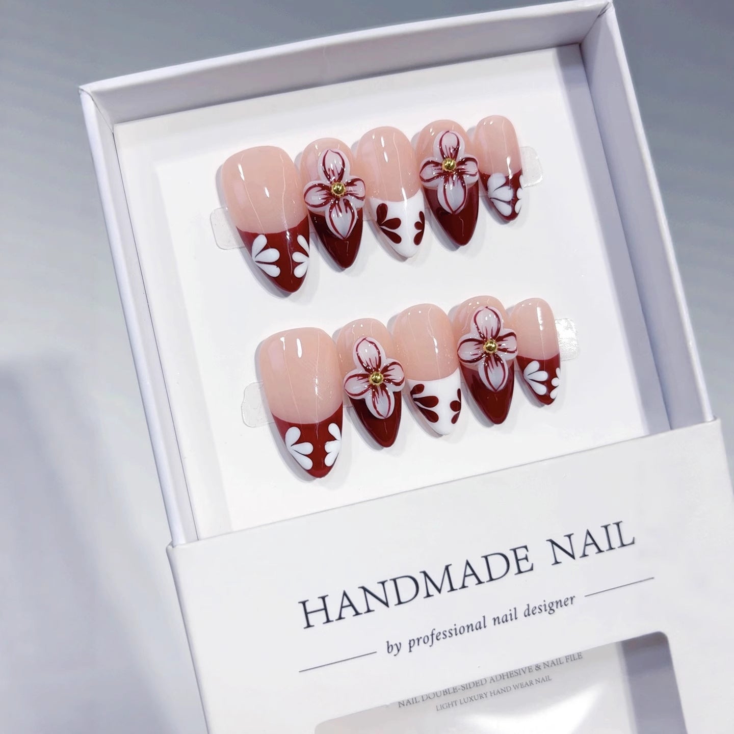 Timeless Bloom: "Crimson Floral" – Almond Shape Handmade Press-On Nails